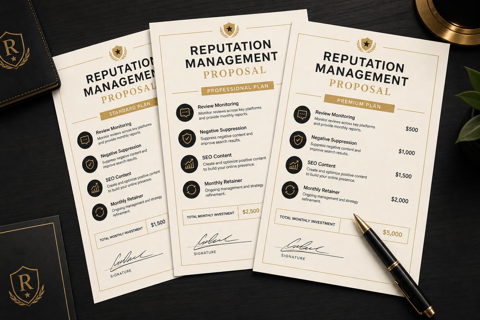 Business owner reviewing reputation management proposals to compare cost and scope across firms