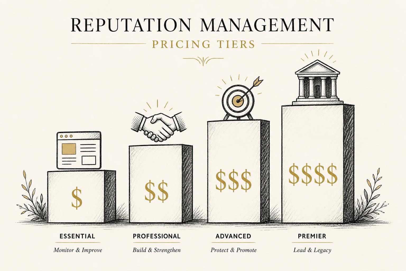Bar chart comparing reputation management pricing tiers and contract structures across firm types